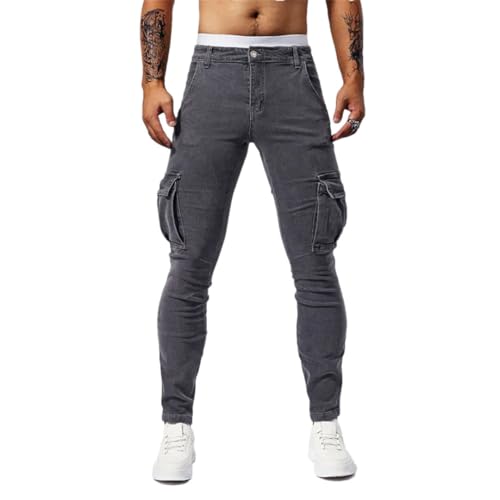 Mens Street Elastic Wash Solid Color Jeans Multi Pockets Denim Cargo Pants Gray 32
