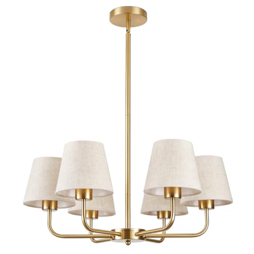 Farmhouse Chandelier, 6-Light Gold Chandelier with beige Fabric Shades - image 1