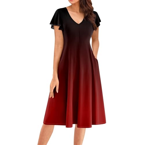 Blumenkleid Damen, Damen Sommerkleid Kurzarm A-Linien Kleider V-Ausschnitt Fließend Wickelkleid mit Taschen Knielang Einfarbig Einfaches Hohe Taille...