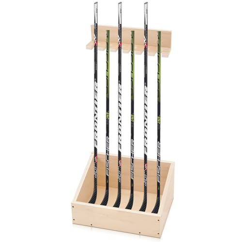 Leinuosen 2 in 1 Hockey Stick Holder Wall Mount for Garage Hockey Stick Wooden Rack Ice Organizer Storage with Vertical Display Large Capacity Organizer Holds up to 6 Sticks for Player Gifts(Wood)