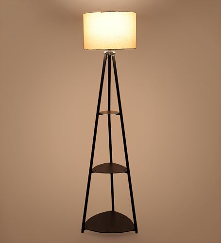 Image of AKWAY Bamboo Tripod Floor Lamp for Living Room Cane Floor Lamp for Home Rattan for Living Room Standing Lamp Wooden Floor Standing lamp for Bedroom (Bulb Not Included) (Tripod Shelf Fabric 12 inchx8 inch)