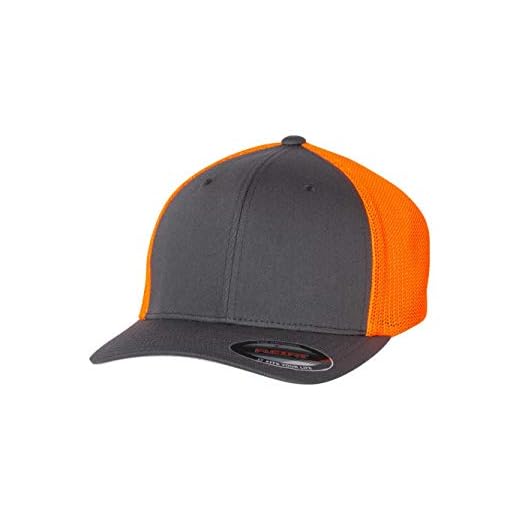 Flexfit unisex adult Flexfit Trucker Mesh Fitted - 2-tone Cap, Charcoal/Neon Orange, One Size US