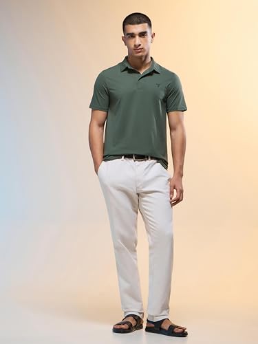 Image of TECHNOSPORT Men's Solid Slim Fit Polo Collar T-Shirt COTFLEX Half Sleeve Button Polyester for Gym Running Workout UPF50+ Anti Odour