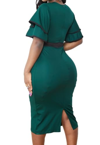 Image of Xinlees Women's Bodycon Pencil Dress Sexy Short Ruffles Sleeve Clubwear Basic Fitted Outfits Casual Midi Dresses