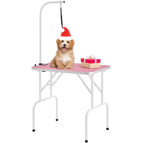 Yaheetech 32'' Foldable Dog Grooming Table Pet Dog Cat Drying Beauty Table with Adjustable Folding Fixed Arm Folding Legs Maximum Capacity 100KG Pink