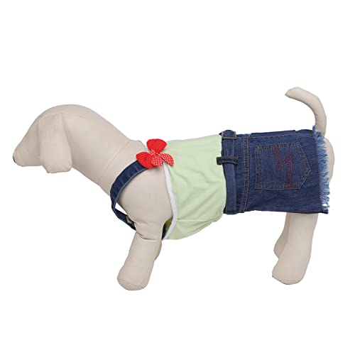 Image of Lulala Dress One Shoulder Autumn Denim Jeans with Pocket-Outfits Pet Pretty Off Shoulder Dress for Dogs-Comfortable and Casual Teddy Clothes Skirt with Belt Bib Overalls(S,Sea Green)