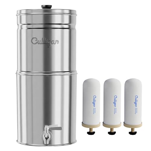 Image of Culligan MaxClear 3 Gallon Gravity Water Filter System, Polished Stainless-Steel Countertop Water Filter NSF /ANSI Certified to Reduce Microplastics, Lead & Total PFAS, with 3 Ceramic Filters
