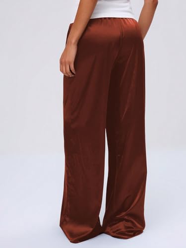 Image of MakeMeChic Women's Summer Satin Silk Pants Casual Flowy Pants Beach Vacation Wide Leg Pants