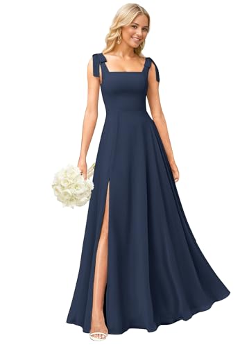 Square Neck Bridesmaid Dresses for Wedding Chiffon A Line Long Formal Evening Dress with Slit