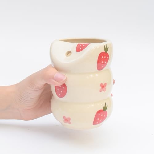 Image of Ceramic Sip Tumbler - Strawberry Flower with Stainless Steel Straw | Aesthetic Tumbler for Cold Coffee, Cold Drinks Perfect for Gifting (200 ml)