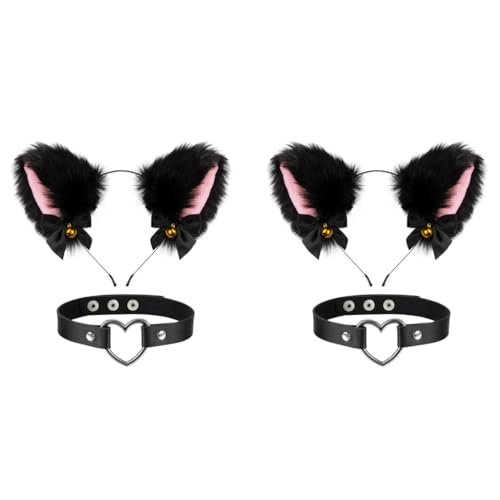 Image of PALAY Cat Ears Headband Choker Set Women Girls Cosplay Plush Furry Hair Band with Bell Punk Fashion Kit for Fancy Dress Party Performance Halloween 2 PCS
