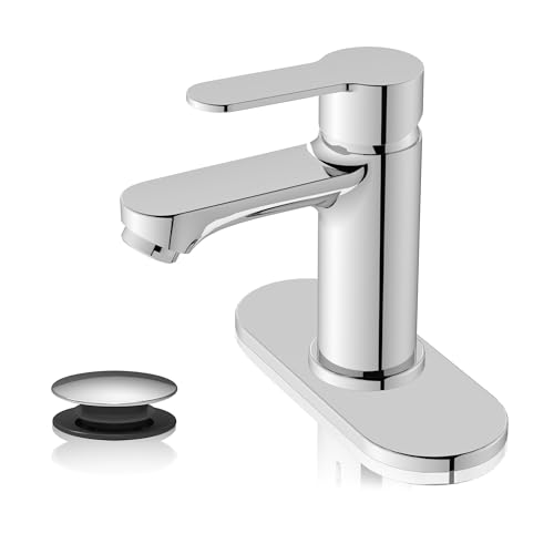 BELZ Bathroom Faucet, Single Handle Matte Black Sink Faucet for 1 or 3 Hole Installation, Modern Lead-Free Metal Vanity Faucet with Pop-Up Drain & Supply Hoses (Polished Chrome)