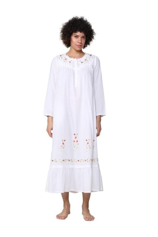 LA CERA Women's 3/4 Sleeve Sleepwear Nightgown, 100% Cotton, Side Pockets, Rose Embroidered, Ribbon Trimmed Yoke
