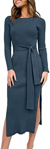 ANRABESS Women's 2023 Elegant Sweater Dress Long Sleeve Crewneck Tie Waist Slim Fit Knit Slit Midi Dress 623dianlan-S Dusty Blue