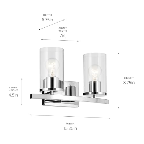Image of Kichler Crosby 15.25 inch 2-Light Bathroom Vanity Light Fixture with Clear Glass in Chrome for Modern Powder Room, Wall Mount Over Mirror (15.25 inch x 8.75 inch), 45496CHCLR