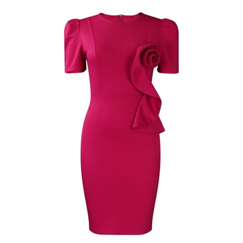 Image of Women Short Sleeve Office Pencil Dress Wedding Guest Church Floral Semi Formal Business Bodycon Midi Dresses