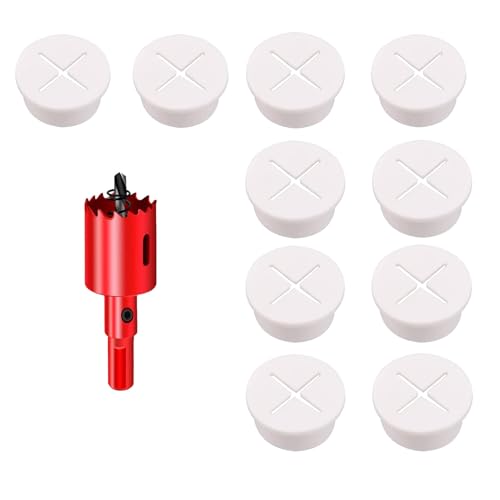 DuDuZui 10 Piezas Pasacables de Escritorio, 25mm Blanco Ojal de Escritorio de Ojal de Cable de Escritorio Cubiertas, para Cable de Mesa de Oficina y Hogar, con Sierra Perforadoras (Blanco)