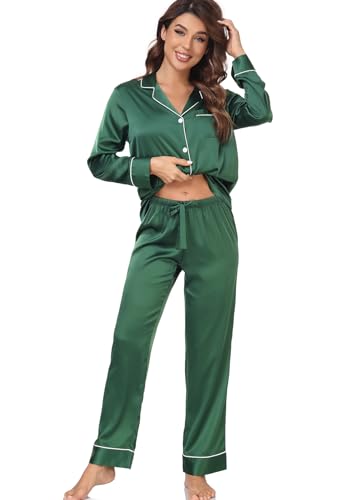 Image of Serenedelicacy Women's Satin Pajama Set Long Sleeve Button Down Sleepwear 2-Piece Silky Pj Set