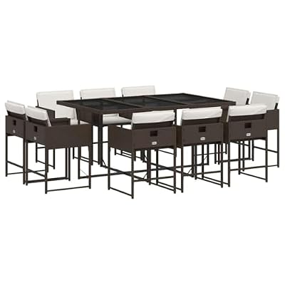 WDSAYREH 11 Piece Patio Dining Set with Cushions, Brown Poly Rattan Outdoor Furniture with Folding Chairs and Tempered Glass Table