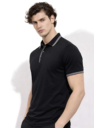 Image of ADRO Mens Premium Cotton Polo T-Shirt | 220 GSM Soft Fabric | Casual Stylish Look | Contrast Collar Design Black Polo T Shirt | Polo Tshirt for All-Day Wear
