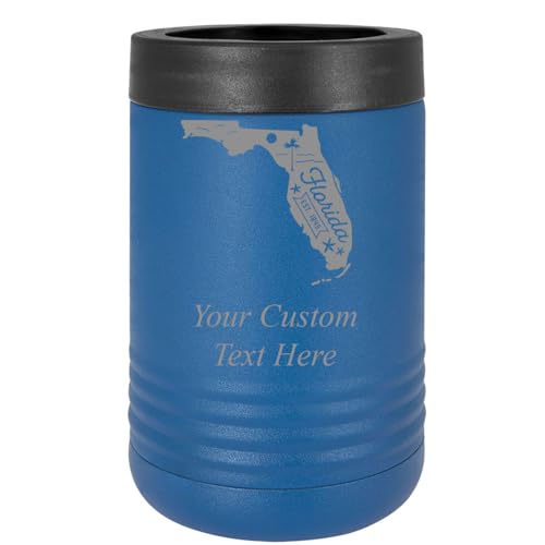 Florida State Engraved 12 oz Blue Insulated Can Cooler – Double Wall Stainless Steel Beer Bottle Holder with Rubber Top - Laser Engraved All 50 States - Keeps Drinks Cold - Powder Coated