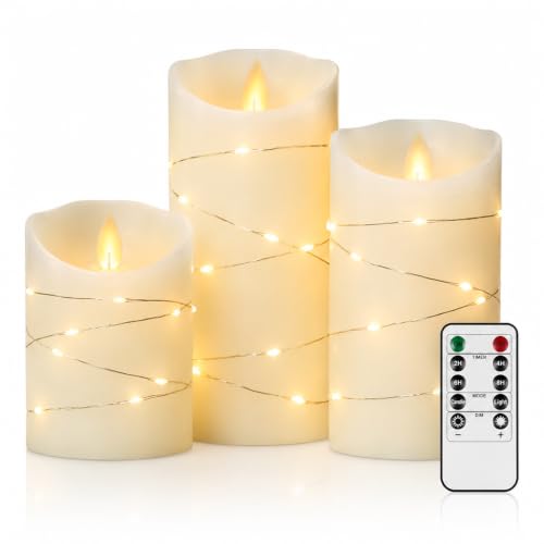 Image of Real Wax LED Flameless Candles with Remote Control, 3 Pack Ivory Pillar Candles with Flickering Flame Effect & Fairy Lights, Battery Operated Candles with Timer Function for Home Decor, Christmas