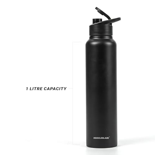 Image of MuscleBlaze Premium Grade Stainless Steel Water Bottle, Black, 1L | Leakproof, BPA-Free & Rust-Resistant