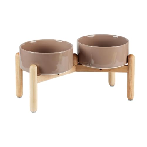 Havniva Juego de cuencos dobles elevados de cerámica de 7.3 pulgadas con soporte de madera, cuencos de comida y agua para perros de raza media, platos pesados para perros, comedero para mascotas (café