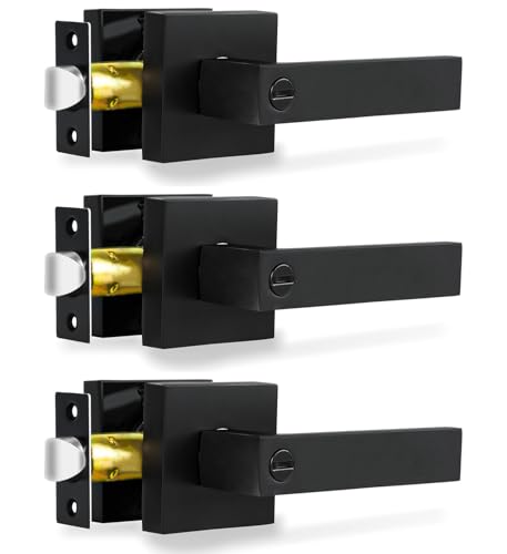RAZCC Privacy Door Levers, 3 Pack Matte Black Door Handles Heavy Duty Bed and Bath Door Locks Interior Keyless Locksets, Reversible for Left Right Handed Doors