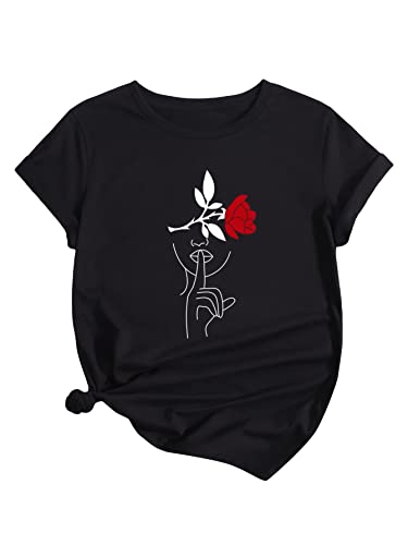 Romwe Women's Graphic Printed Cartoon Portrait Short Sleeve Casual T-Shirt Top Black Figure Printm #TOP7