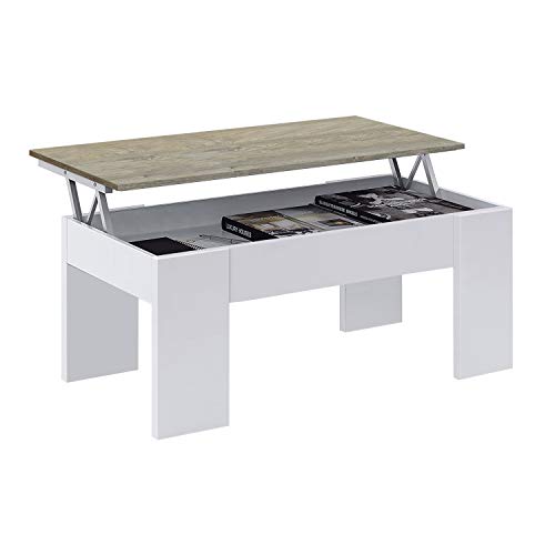 Habitdesign, Mesa de Centro Elevable, Mesita de Salón o Comedor, Modelo LC, Acabado en Color Blanco Artik y Roble Alaska, 100 x 50 x 45-56 centímetros