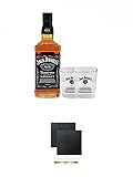  Jack Daniels Black Label No. 7-0,7 Liter + 2 x Jack Daniels Gläser + Schiefer Glasuntersetzer eckig ca. 9,5 cm Ø 2 Stück