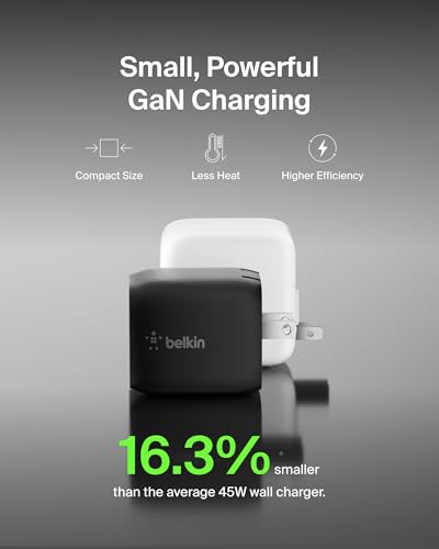 Image of Belkin 45W Dual USB C Charger Block, PD3.0 w / GaN - Super Fast Charging - Samsung Galaxy S25, Apple iPhone 17, Air, Pro, Pro Max, iPad, MacBook, AirPods, Apple Watch, Nintendo Switch 2 & More - Black
