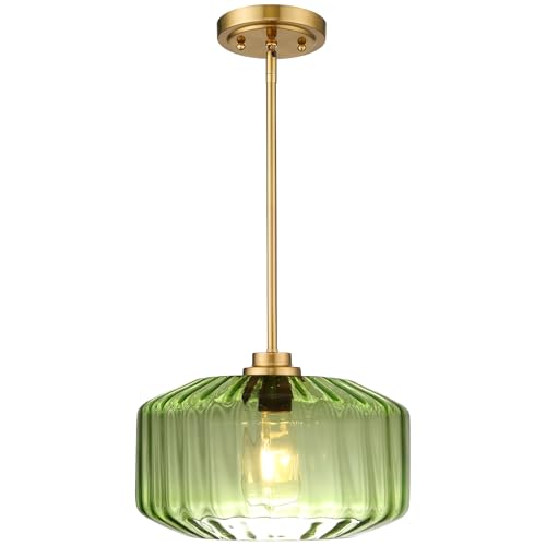 Image of Modern Green Pendant Lights 11.02 inch Green Flush Mount Ceiling Light Fixtures with Hammered Glass, Gold Mid Century Chandelier for Bedroom Dining Room Kitchen Island