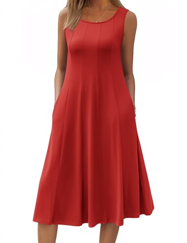 Image of HOTOUCH Summer Casual Dresses for Women Sleeveless Midi Dress Swing Tank Sundress Pleated Tshirt Dress with Pockets