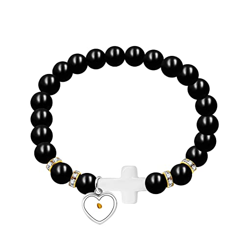 Image of Uloveido Black Agate Side Cross Bracelet Mustard Seed Charms, Personalized Letter A-Z Tiger's Eye Bangle Y944