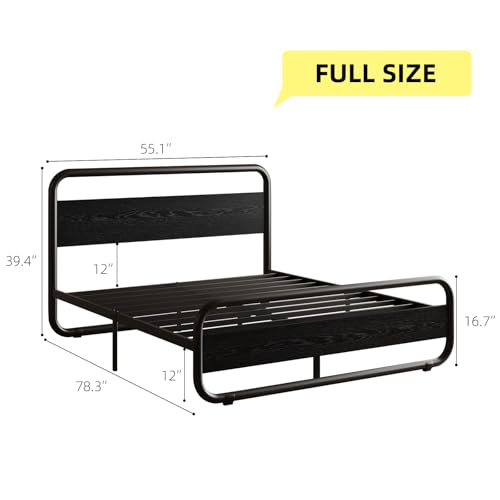 Image of Full Size Bed Frame, Wood Headboard and Footboard, LED Lights, Black | Metal Platform with Heavy Duty Metal Slats Support /12 in Under-Bed Storage /Noise-Free /No Box Spring Needed /Easy Assembly