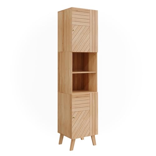 Vicco Badschrank Bambus Lucie 40x177x36 cm - Hochschrank, Kombination aus offenen Fächern und Türen für Flexible Nutzung