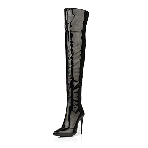 Bottes au genou en cuir verni souple avec talon aiguille de 12cm et finitions haut de gamme