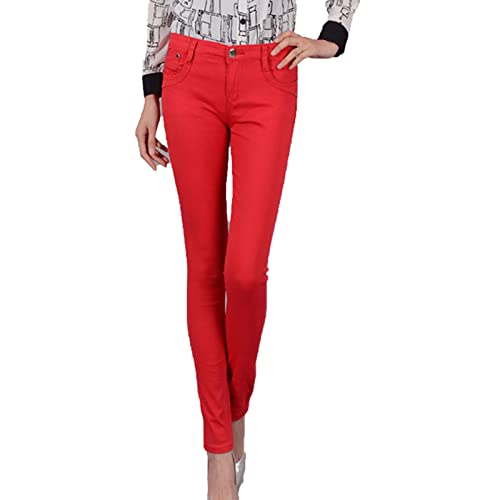 Women's High Waisted Stretch Skinny Jeans Casual Solid Color Slim Fit Pencil Jeans Slimming Butt Lift Denim Pants (Red,36)