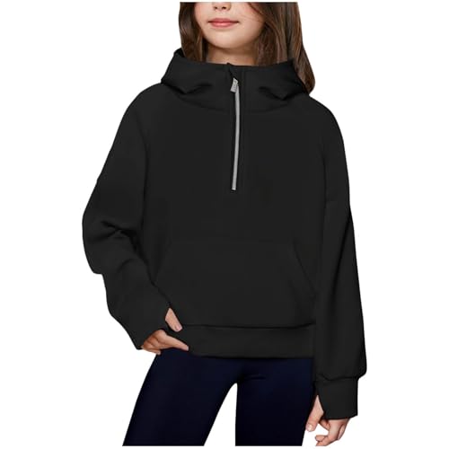 Girls Zip Up Hoodie Half Zip Pockets Sweatshirts for Teen Girls Long Sleeve Solid Color Pullover Tops with Thumb Hole