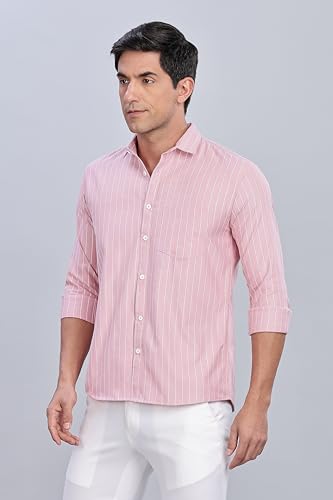 Image of MILDIN Men's Pure Cotton Striped Printed Shirt with Spread Collared Neck Full Sleeve Curved Hemline Button Closure and Regular Fit | Shirt for Man