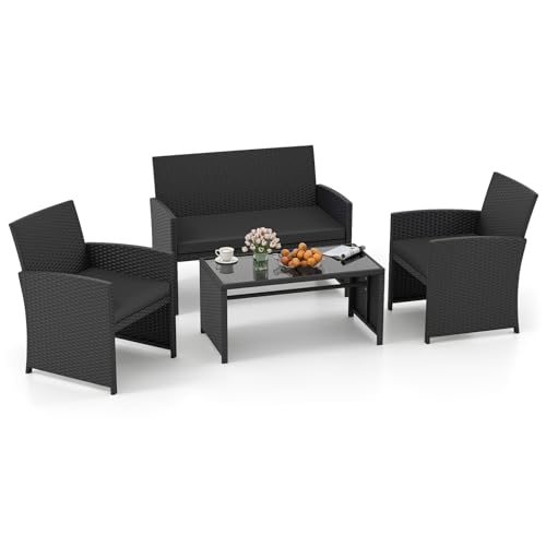 Image of Tangkula 4 Pieces Patio Wicker Furniture Set, Outdoor Heavy Duty Rattan Cushioned Chairs, Loveseat and Tempered Glass Coffee Table, for Backyard, Balcony, Poolside (1, Black)