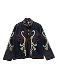Embroidered Velvet Jacket for Women, Floral Design, Stand Collar, Long Sleeve (Deep charcoal Grey)