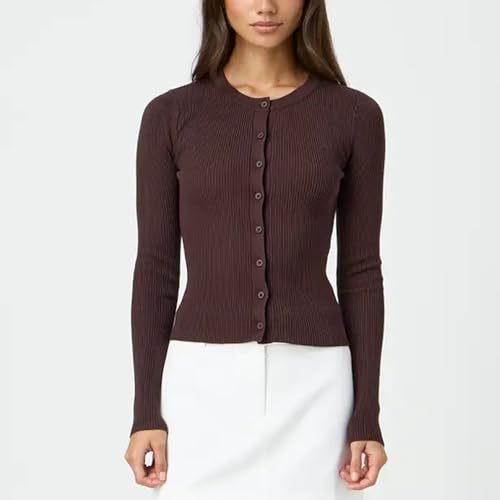 Women Ribbed Button Up Cardigan Y2K Slim Fit Long Sleeve Round Neck Sweater T Shirt Fall2