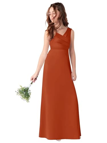 Satin Junior Bridesmaid Dress for Wedding Kids V-Neck A-Line Flower Girl Dresses Long Princess Pageant Prom Gowns
