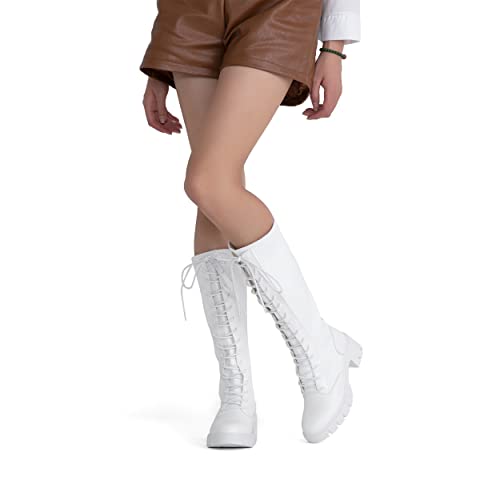 Jeossy Women's 9603 Knee High Boots For Women, Platform Chunky Heel Boots Lace Up Knitting Stretch Boot Allwhite Size 8.5(Djy9603 Allwhite 08.5) #TOP1