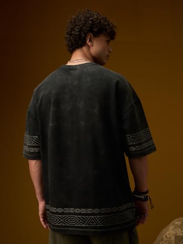 Image of The Souled Store Nomad: Compass Men and Boys Short Sleeves Round Neck Charcoal Grey Embroidered Compass Casual Drop Shoulder Streetwear Trendy Super Oversized T-Shirt