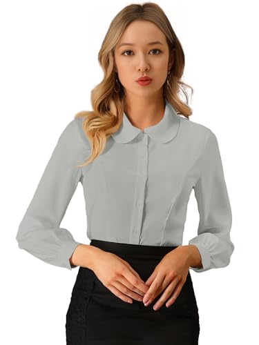 [Allegra K] ブラウス レディース 長袖 シフオンブラウス 丸襟 可愛い シャツ オフィス カジュアル トップス 着痩せ おしゃれ 通勤 OL グレー Mのサムネイル