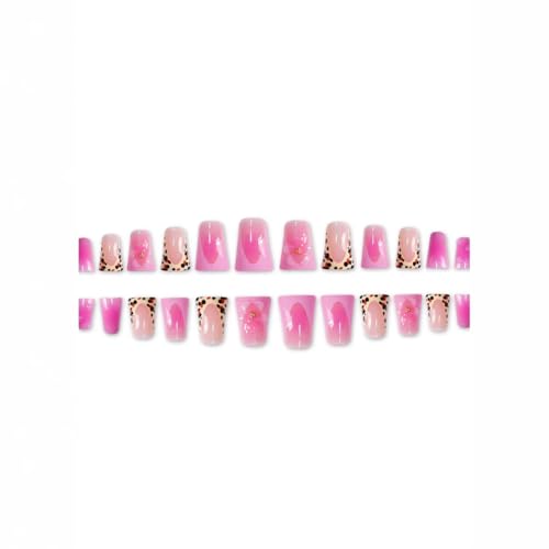 Image of NBNTGH Leopard Print French Tip Press On Nails Pink Fake Nails Medium Duck False Nails with Design Flower Glossy Stick On Nails for Women Reusable Artificial Acrylic Full Cover Manicure 24Pcs